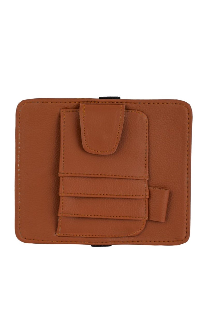 منظم واقي الشمس من الجلد للسيارة - مساحة تخزين واقي الشمس من الجلد الصناعي مع فتحات للبطاقات، وجيب شبكي، ومشبك مغناطيسي للنظارات الشمسية، وحامل أقلام - مناسب للسيارات وسيارات الدفع الرباعي (بني، صغير) - Image 2