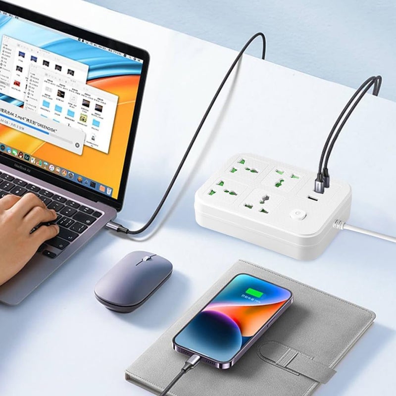 نكومي مقبس تمديد سلك طاقة عالمي، محول حائط نيكومي مع منفذي USB (2.1 أمبير)، ومنفذ Type-C واحد، و4 مجموعات من مقابس الطاقة الذكية، واقي من زيادة التيار بقابس بريطاني للمكتب المنزلي (2 متر/أبيض) - Image 5