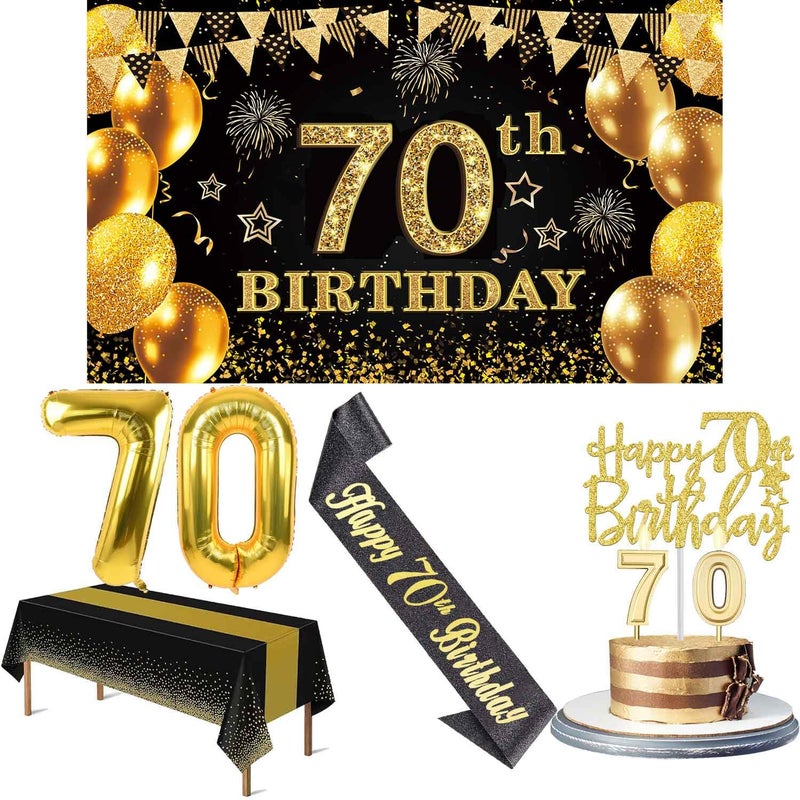 70th Birthday Decorations Men Women with 70th Birthday Banner Black and Gold Table ClothNumber Balloons Large Sash Cake Topper and Candles
