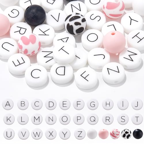 SUNNYCLUE 1 Box 36Pcs Silicone Letter Beads Bulk Alphabet Beads English AZ Capital White Black Pink Flat Round Loose Beads for Jewelry Making Beads DIY Crafts Necklace Bracelet Keychain Beginners - Image 1