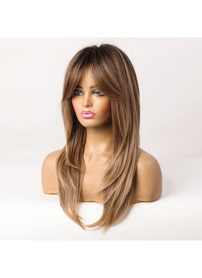 MAGQOO Ombre Brown Wigs Women Long Layered Brown Wig Ombre Brown Layered Wig With Bangs Synthetic Heat Resistant  - Image 2