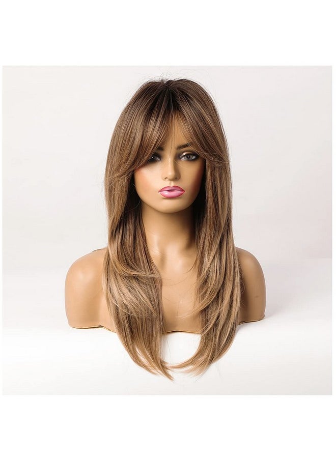 MAGQOO Ombre Brown Wigs Women Long Layered Brown Wig Ombre Brown Layered Wig With Bangs Synthetic Heat Resistant  - Image 3