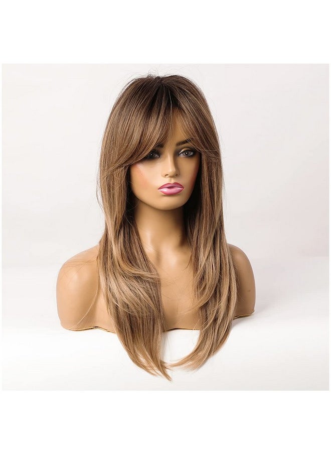 MAGQOO Ombre Brown Wigs Women Long Layered Brown Wig Ombre Brown Layered Wig With Bangs Synthetic Heat Resistant  - Image 4