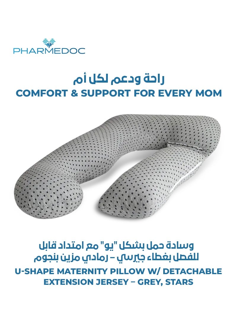 PharMeDoc U-Shape Maternity Pillow w/ Detachable Extension | Soft Grey Jersey | Stars Pattern | Full Body Support | Ideal for Pregnancy & Postpartum | 134.62 x 78.74 x 17.78 CM  - Image 1