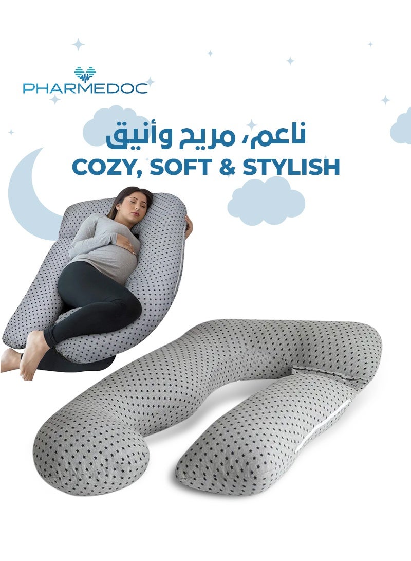 PharMeDoc U-Shape Maternity Pillow w/ Detachable Extension | Soft Grey Jersey | Stars Pattern | Full Body Support | Ideal for Pregnancy & Postpartum | 134.62 x 78.74 x 17.78 CM  - Image 3