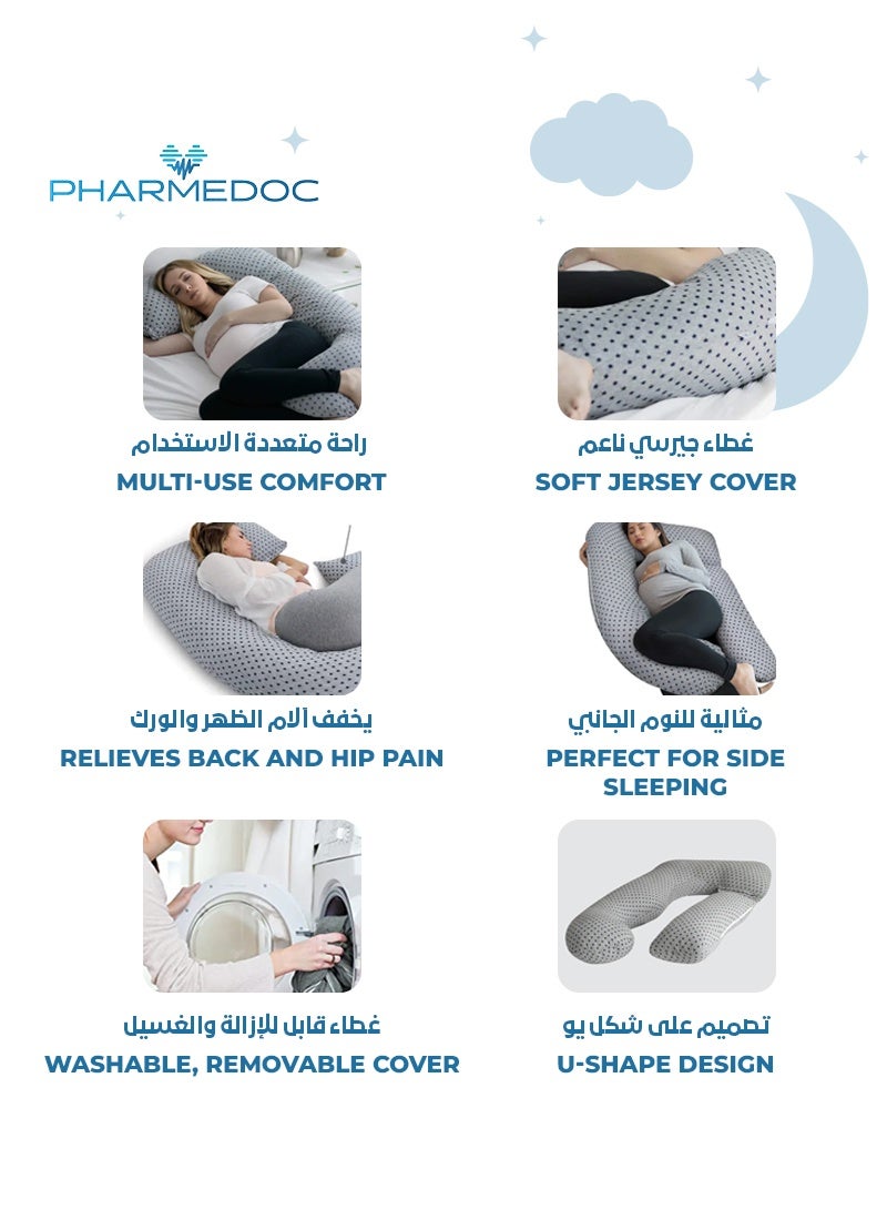 PharMeDoc U-Shape Maternity Pillow w/ Detachable Extension | Soft Grey Jersey | Stars Pattern | Full Body Support | Ideal for Pregnancy & Postpartum | 134.62 x 78.74 x 17.78 CM  - Image 5
