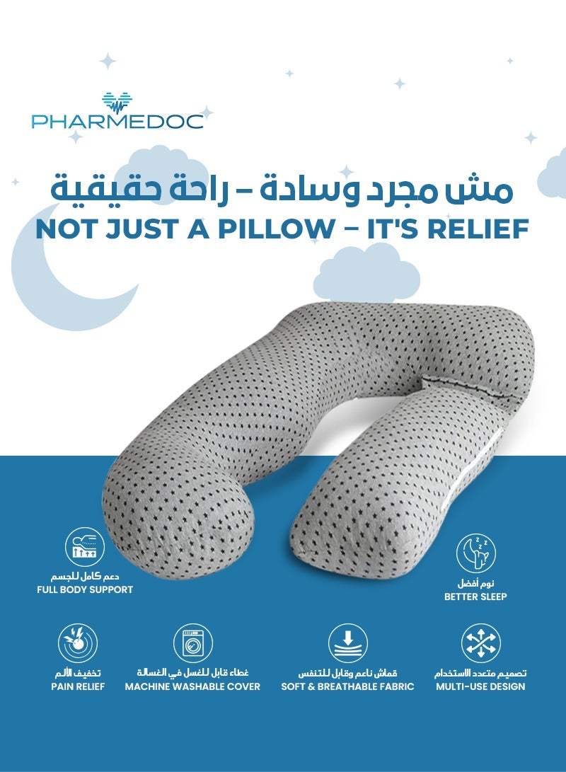 PharMeDoc U-Shape Maternity Pillow w/ Detachable Extension | Soft Grey Jersey | Stars Pattern | Full Body Support | Ideal for Pregnancy & Postpartum | 134.62 x 78.74 x 17.78 CM  - Image 2