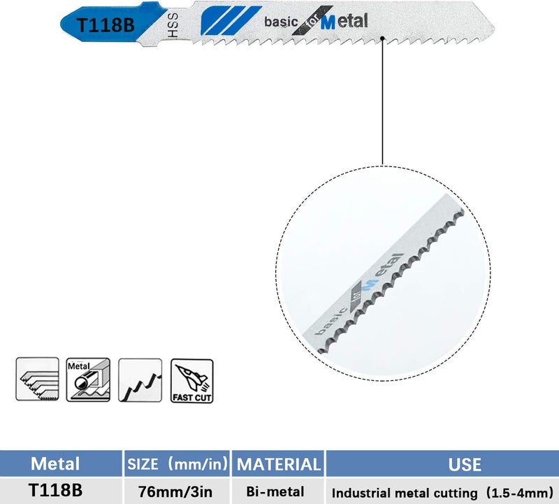 TAROSE 10-Piece T118B 3 Inch 12 TPI Assorted T-Shank Jig Saw Blades Set for Cutting Metal - Image 4