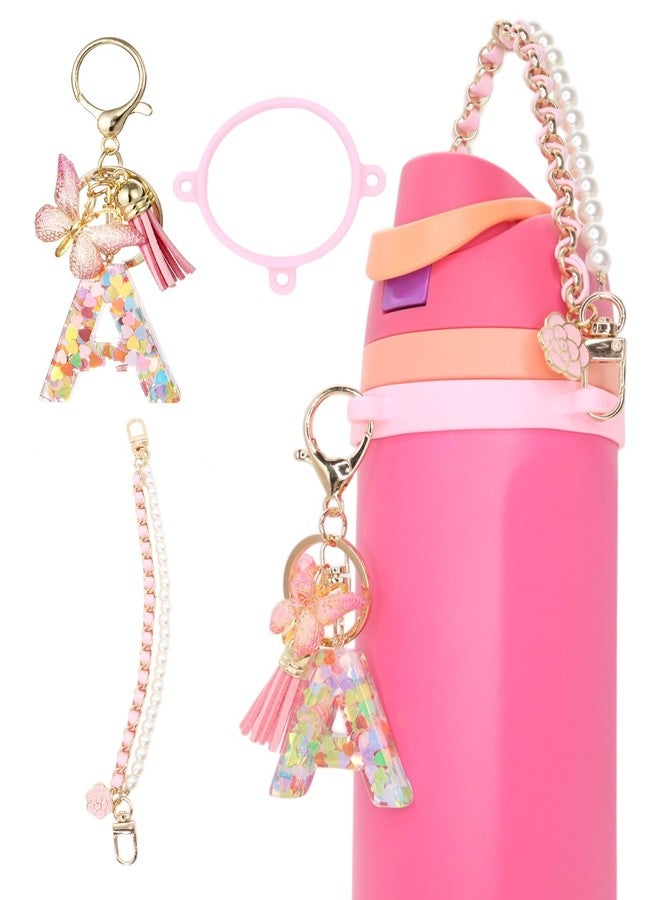 TOVICE Letter Charm Accessories for Owala Water Bottle 24-40oz, 3PC Cute Initial Charms & Water Bottle Handle Strap with a Thick Elastic Silicone Ring Holder (Pink, A) - Image 1