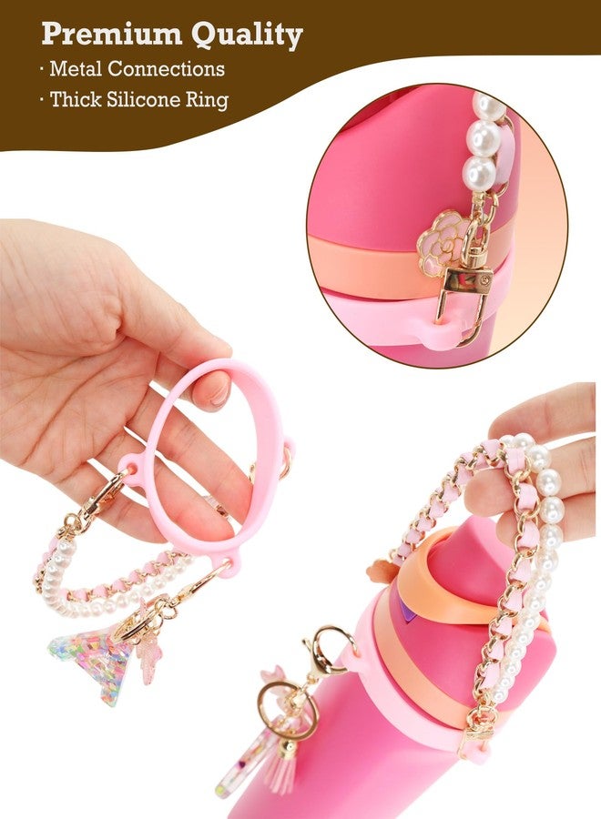 TOVICE Letter Charm Accessories for Owala Water Bottle 24-40oz, 3PC Cute Initial Charms & Water Bottle Handle Strap with a Thick Elastic Silicone Ring Holder (Pink, A) - Image 4