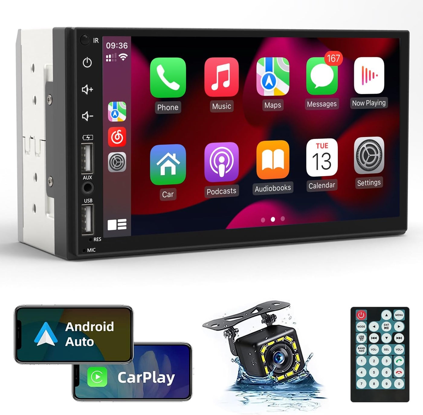 Leadfan Double Din Car Stereo with Apple Carplay & Android Auto - 7 Inch HD Touchscreen, Bluetooth, Backup Camera, FM Radio, 2 USB/TF/AUX/Subwoofer