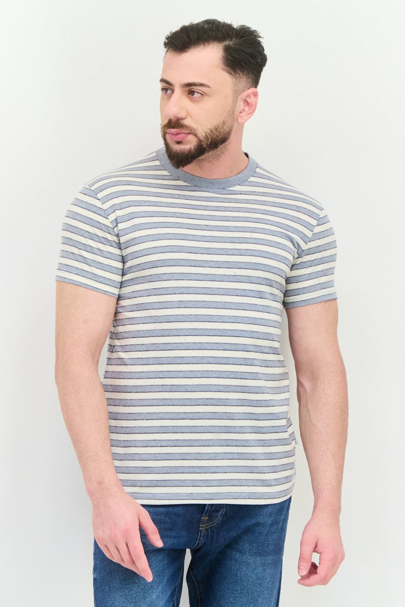 Peter Werth تي شيرت رجالي بأكمام قصيرة وياقة دائرية، مخطط، بيج - Image 1