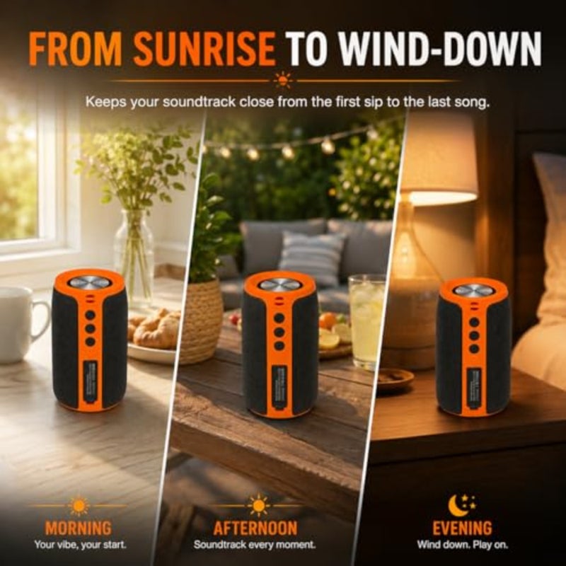 M68 tooth Speaker, 12W, IPX5, FM, USB AUX, Orange Portable 12W speaker for camping, garage, backyard and beach. IPX5 splash-resistant with FM, USB drive, AUX and dual pairing - Image 5