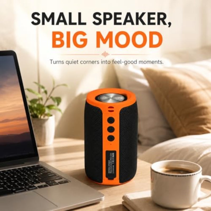 M68 tooth Speaker, 12W, IPX5, FM, USB AUX, Orange Portable 12W speaker for camping, garage, backyard and beach. IPX5 splash-resistant with FM, USB drive, AUX and dual pairing - Image 2