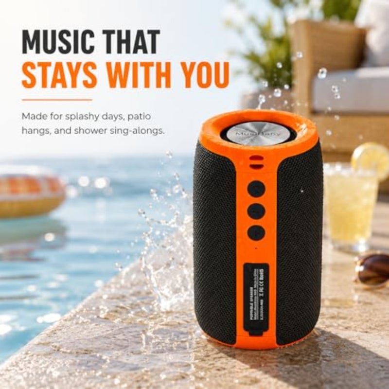 M68 tooth Speaker, 12W, IPX5, FM, USB AUX, Orange Portable 12W speaker for camping, garage, backyard and beach. IPX5 splash-resistant with FM, USB drive, AUX and dual pairing - Image 4