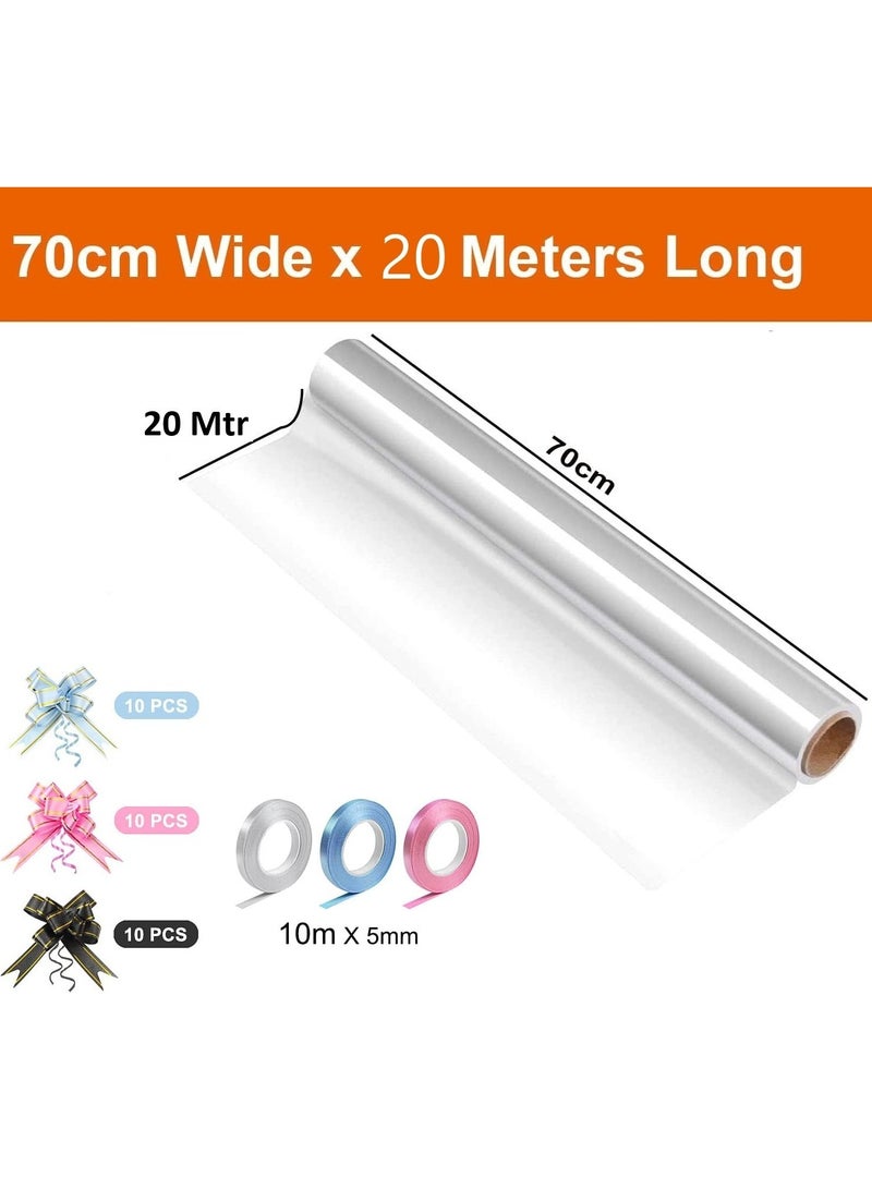 Home zone Clear Cellophane Gift Wrapping Roll with 30 Pull Bows, 3 Ribbon Rolls for Florist Bouquet, Basket Gifts Boxes, Fruit and Crafts (70CM x 20M) - Image 2