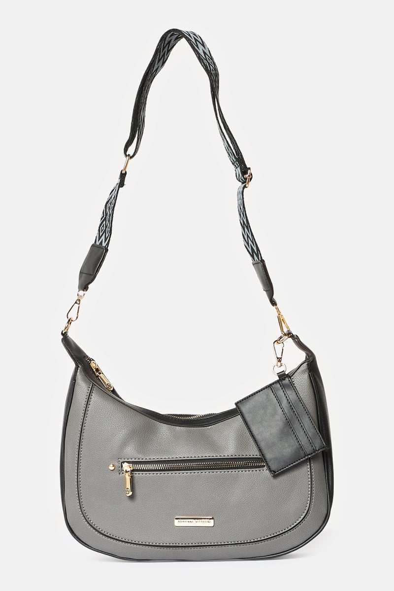 ADRIENNE VITTADINI Women Hardware Logo Hobo Bag With Card Holder, Dark Grey - Image 1