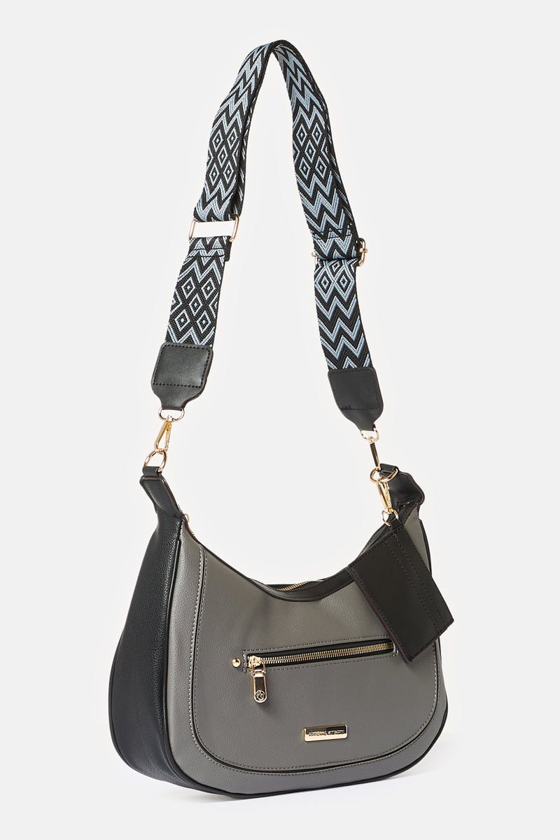 ADRIENNE VITTADINI Women Hardware Logo Hobo Bag With Card Holder, Dark Grey - Image 2