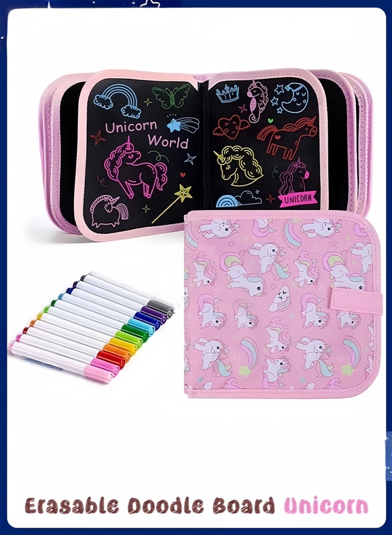 ColaBear Erasable Doodle Board, 14 Pages Painting Toys for 3+ Year Old Boys Girls, Drawing Pad for Toddlers Birthday Halloween Gifts, With 12 Coloring Pens (Pink Unicorn) - Image 1