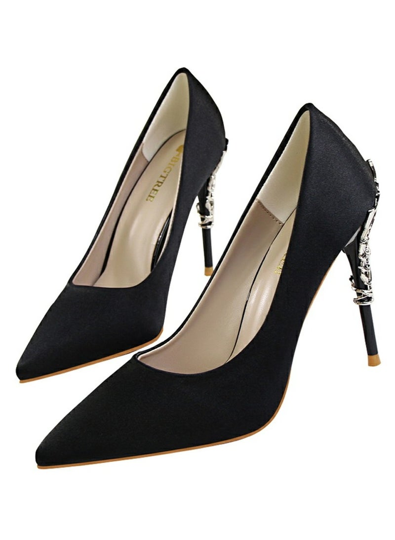 BIGTREE Women's Elegant Stiletto Pumps With 10 CM Personalized Metal Heel Elegant Gorgeous Closed Pointed Toe Slip On Solid High Heels Black  - Image 1