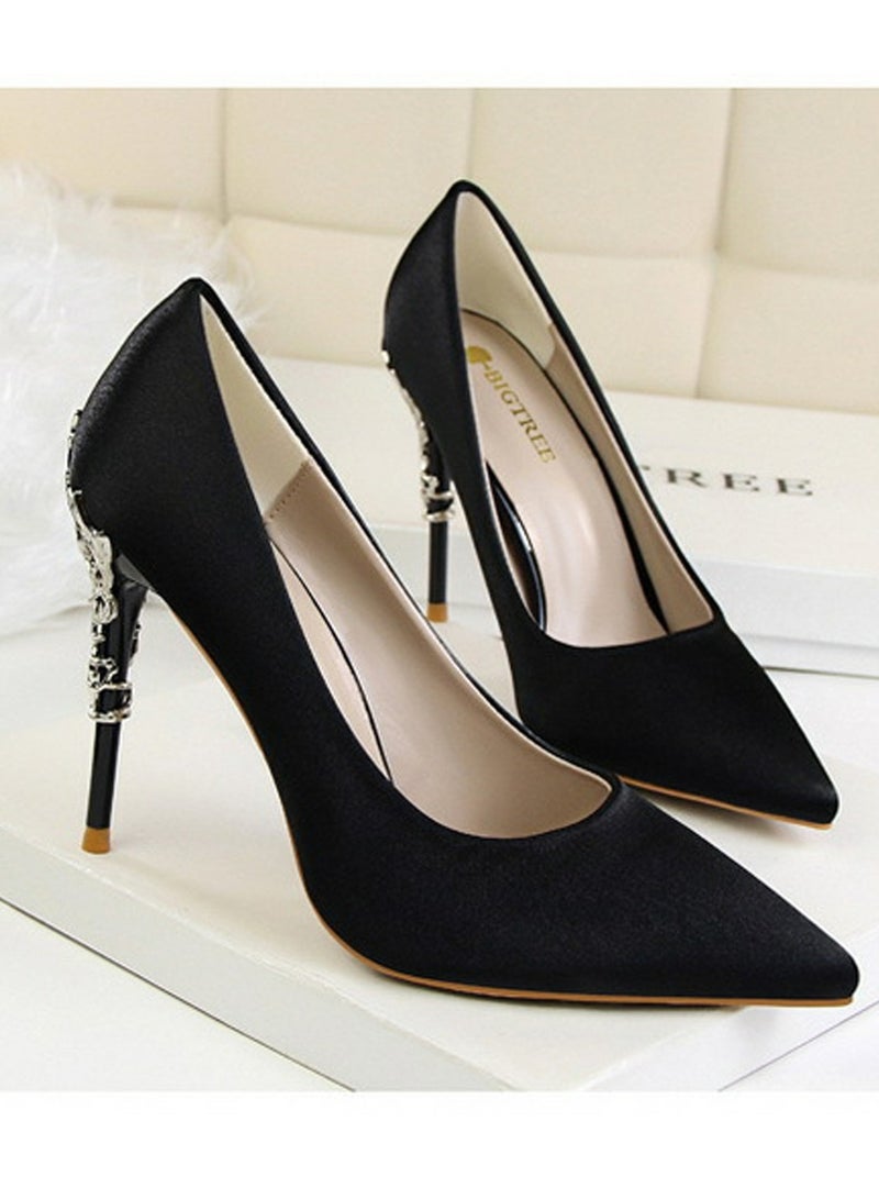 BIGTREE Women's Elegant Stiletto Pumps With 10 CM Personalized Metal Heel Elegant Gorgeous Closed Pointed Toe Slip On Solid High Heels Black  - Image 2