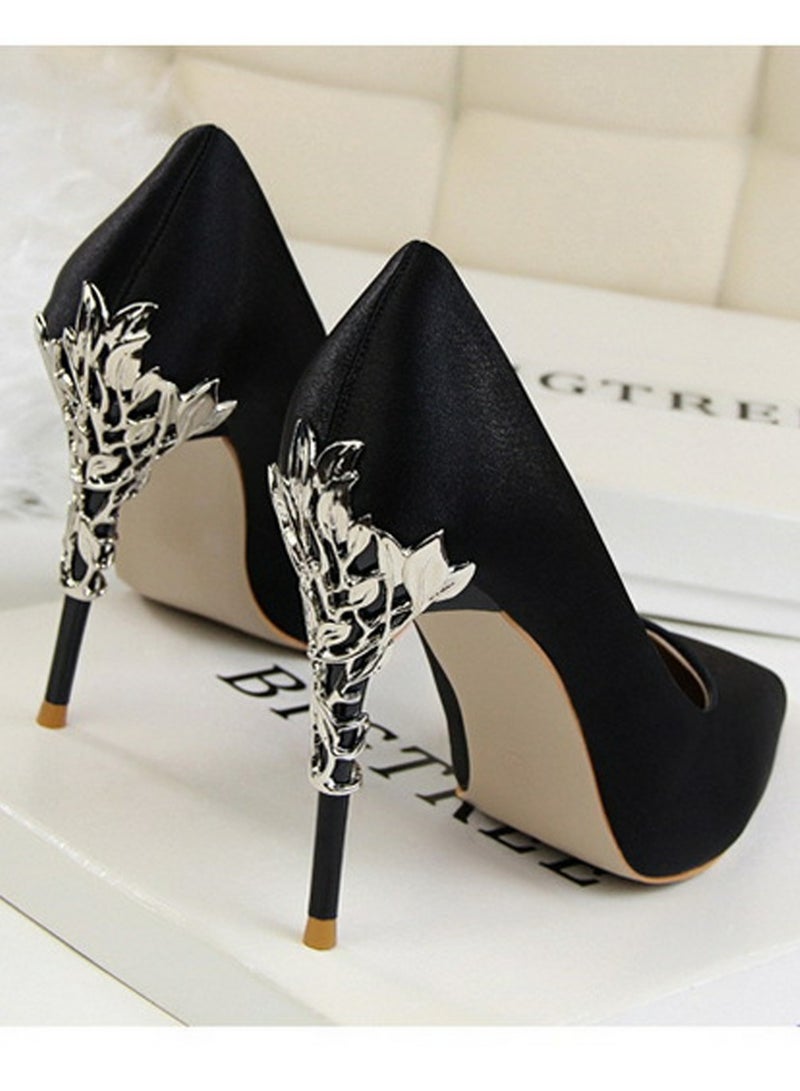 BIGTREE Women's Elegant Stiletto Pumps With 10 CM Personalized Metal Heel Elegant Gorgeous Closed Pointed Toe Slip On Solid High Heels Black  - Image 3