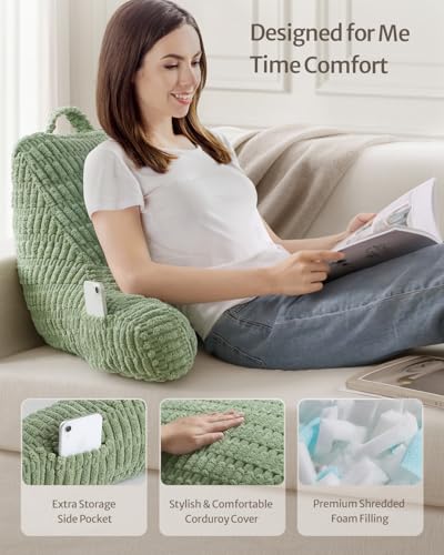Blissful Diary Reading Pillow, Backrest Pillow with Shredded Memory Foam for Adult & Children, Designed for Bed and Couch Sitting Up, Includes Arms, Pockets and Washable Cover, Sage Green - Image 2