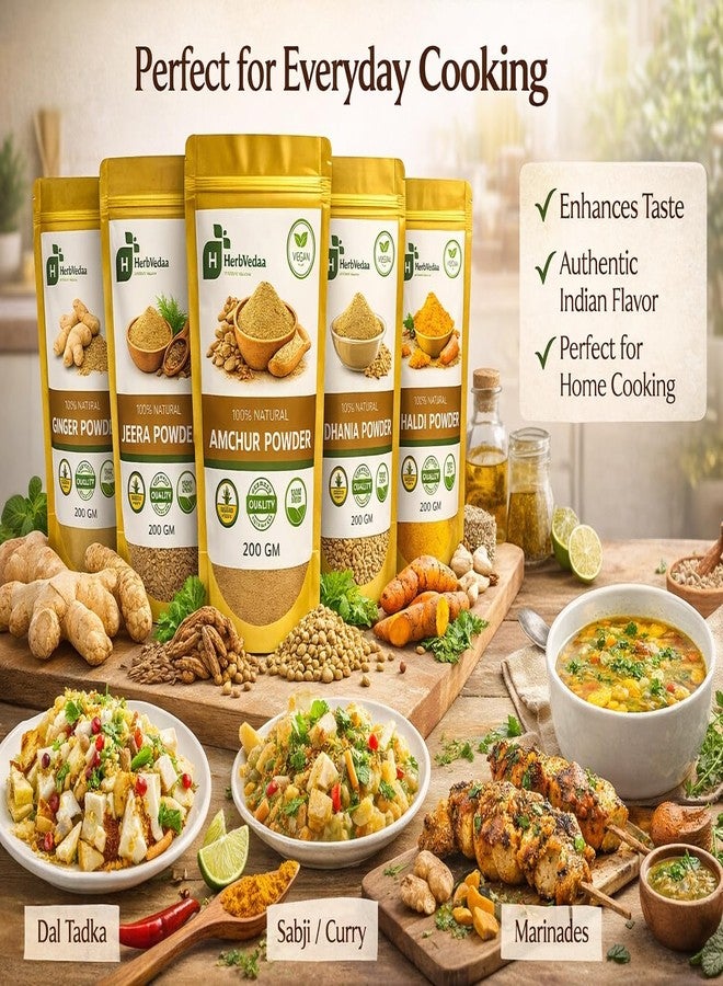 مجموعة 5 بهارات من هيربفيدا - أمشور، هالدي، جيرا، دانيا، مسحوق الزنجبيل، طبيعي 100%، نباتي، 200 جم لكل قطعة، 5 عبوات - Image 5