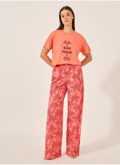 Styli Palm Graphic Print Dropped Shoulder T-Shirt and Straight Pyjama Set  - Image 2