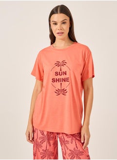 Styli Palm Graphic Print Dropped Shoulder T-Shirt and Straight Pyjama Set  - Image 3