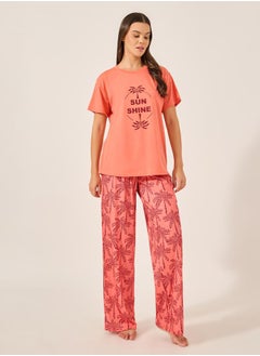 Styli Palm Graphic Print Dropped Shoulder T-Shirt and Straight Pyjama Set  - Image 1