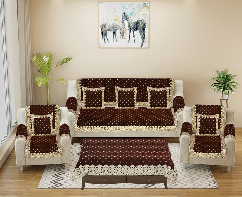 SAWNA HOMES Premium 5 Seater Printed Sofa Cover Set with Arm Covers and Cushion + Table Cover, 3,1,1 Seater 16 Pieces Sofa Back Slip Panels, Premium Stylish Slip Cover Protector, Coffee (Pack of 18) - Image 1