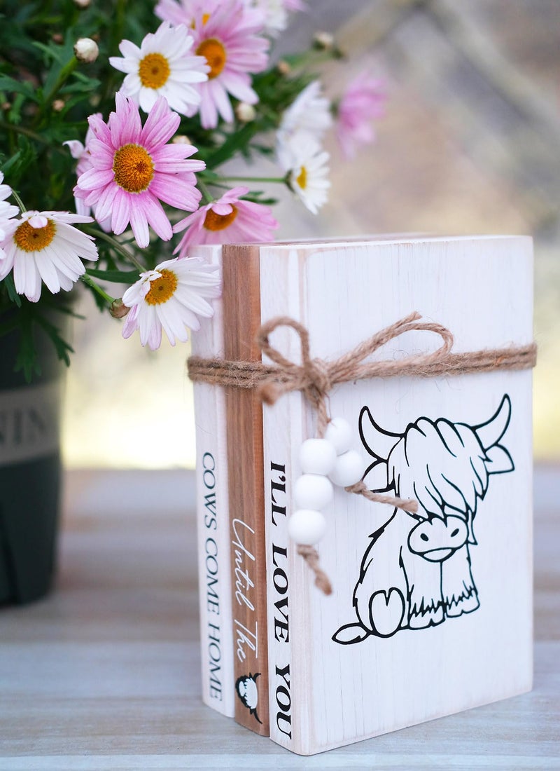 LIVDUCOT Highland Cow Wood Book Stacks Decor - Rustic Farmhouse Decorative Books Sign for Home Coffee Table Mantle Fireplace Shelf Decorations - I'll Love You Until the Cows Come Home 7.5x5x3' - Image 3