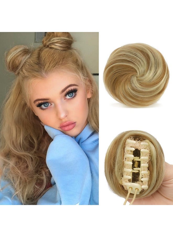 SOFEIYAN 2Pcs Mini Claw Clip In Hair Bun Messy Cat Ears Hair Bun Extension Synthetic Donut Wig Accessory Updo Space Bun Hair Pieces For Women Girls, Strawberry Blonde & Bleach Blonde  - Image 1