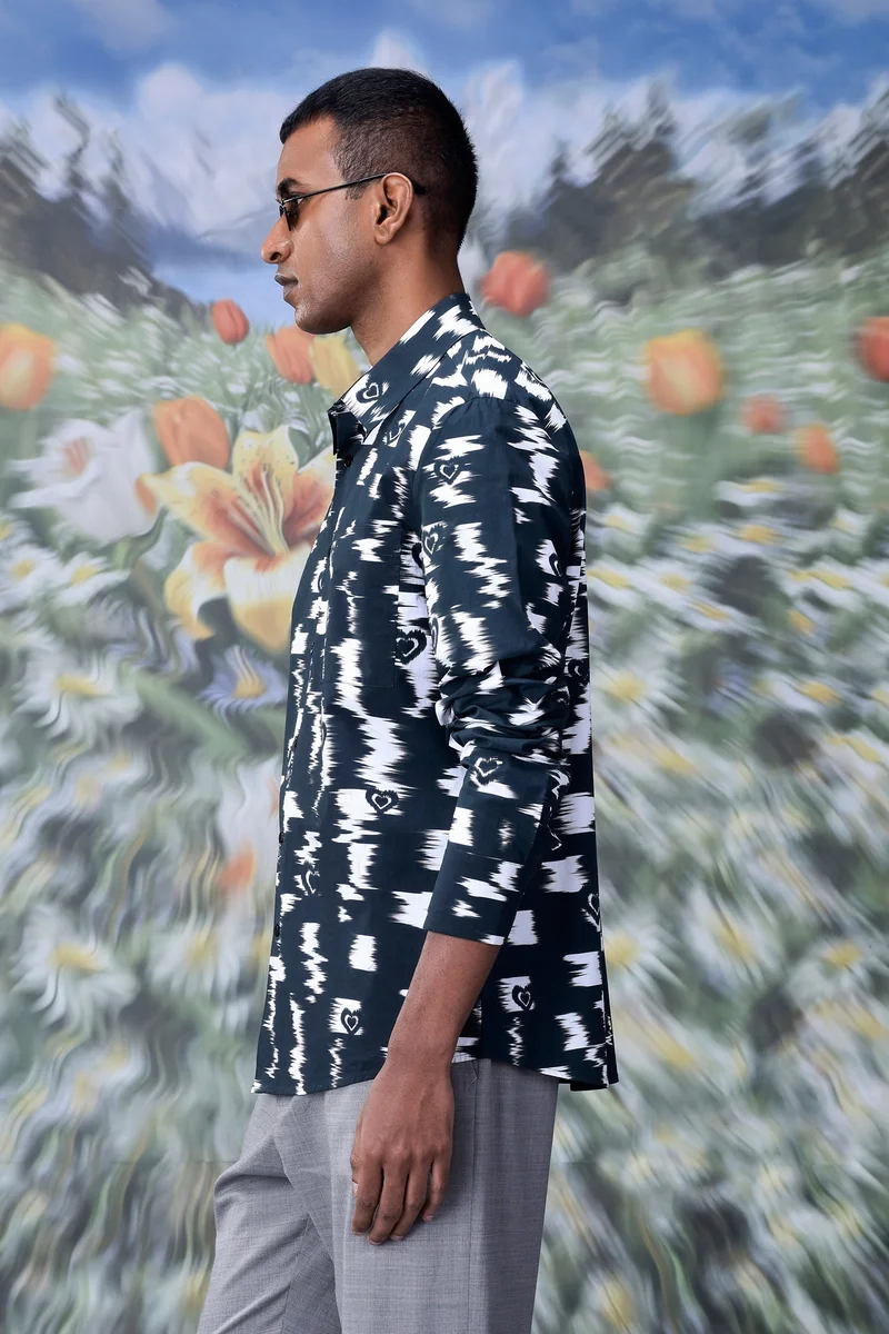 Genes Lecoanet Hemant Ikat Check Print Regular Fit Shirt - Black