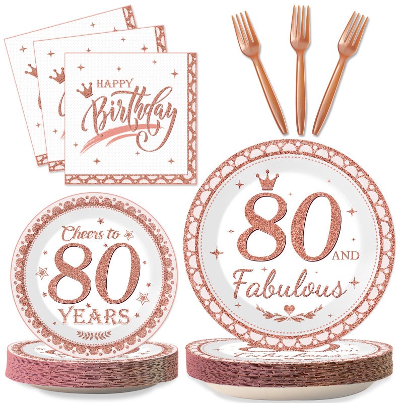 80th Birthday Decorations for Women 80th Birthday Plates and Napkins Rose Gold Party Supplies 80 and Fabulous Happy 80th Birthday Tableware Cheers to 80 Years Party Supplies for Women Girl 24 Guests