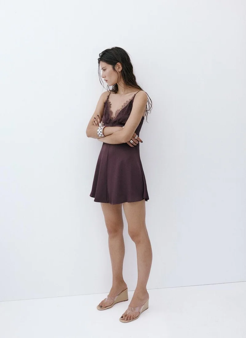 Mango plum Satin Lace Dress for Women | Best Price UAE