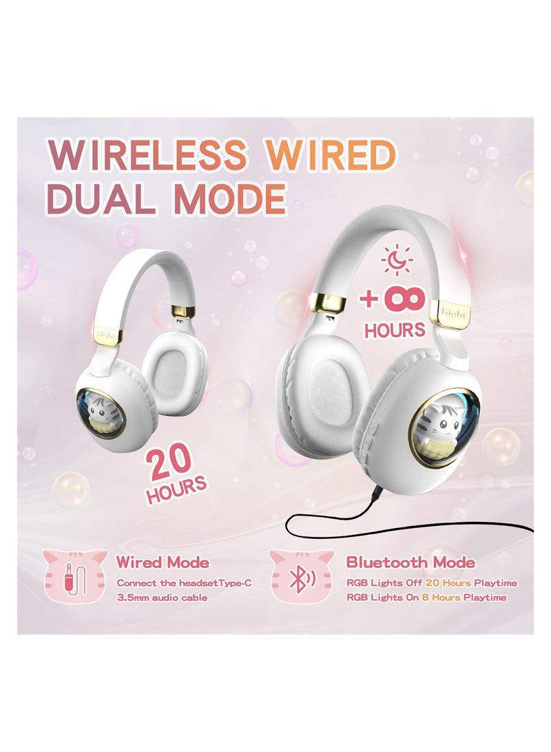 Captaintech Cute Cat LED Bluetooth Headphones for Kids with Microphone Foldable Wireless Wired for Smartphones Tablets and Laptops White - Image 3