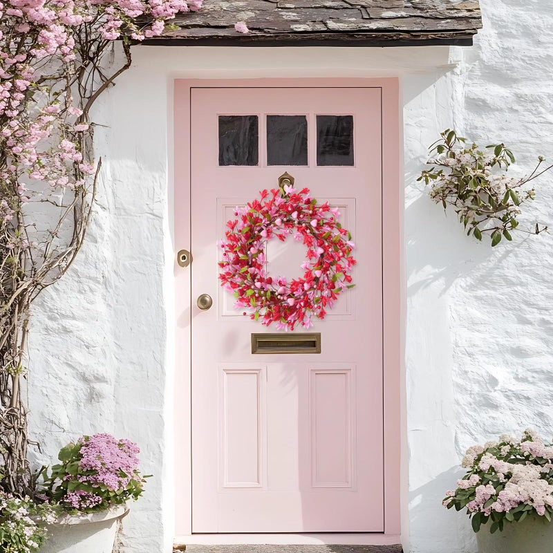 Bibelot Valentine's Day Wreath, 18 Inch Valentines Day Wreaths for Front Door, Romantic Pink & Red Heart Berry Forsythia Flowers for Wedding Anniversary Holiday Decorations - Image 2