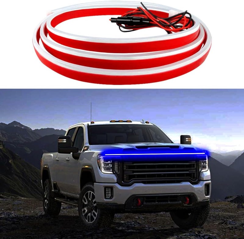 شريط إضاءة غطاء المحرك للسيارة، شريط إضاءة LED ديناميكي للسيارة، شريط إضاءة LED للسيارة بطول 70 بوصة، شريط إضاءة نهارية مرن خارجي للسيارات (أزرق) - Image 1