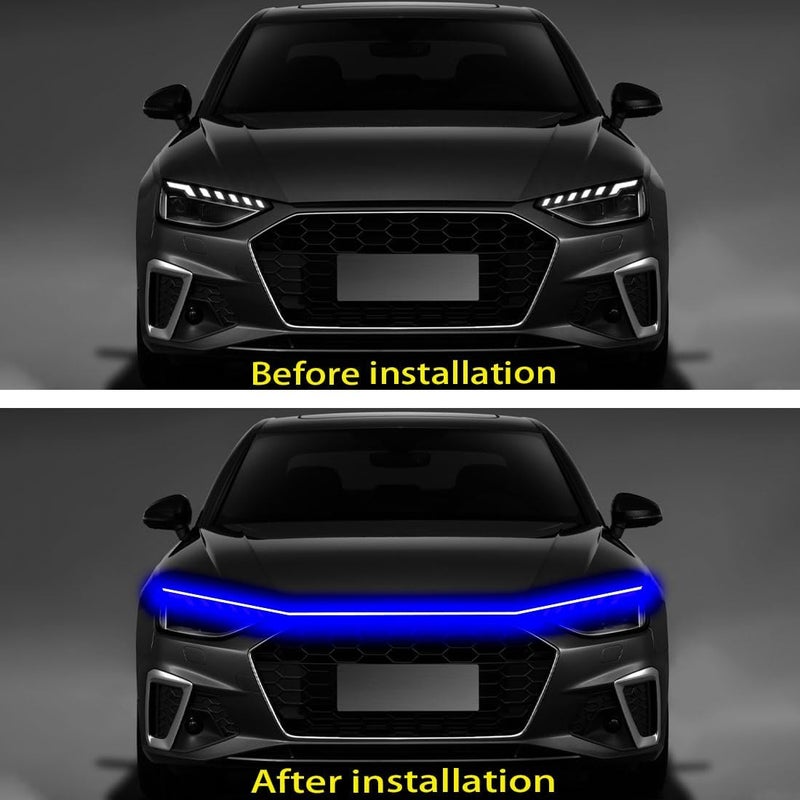 شريط إضاءة غطاء المحرك للسيارة، شريط إضاءة LED ديناميكي للسيارة، شريط إضاءة LED للسيارة بطول 70 بوصة، شريط إضاءة نهارية مرن خارجي للسيارات (أزرق) - Image 2