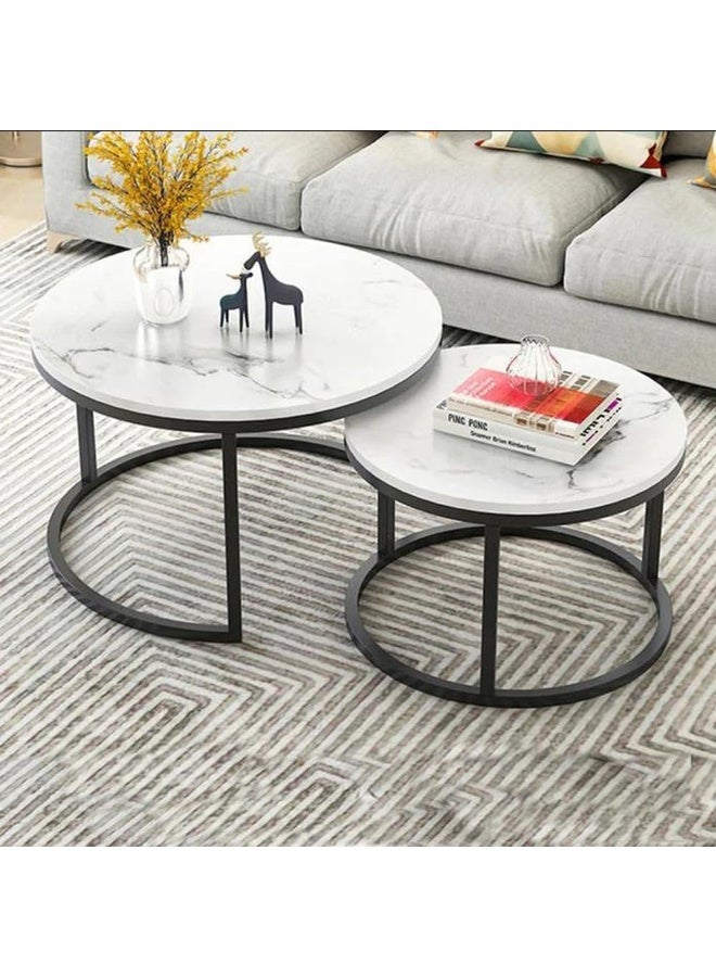 Hometaste Modern Metal Nesting Coffee Table Set - Contemporary Round Living Room Center Table Set Of 2 - Stylish Sofa Side Tables - Simple Design Round Coffee Table White Marble Table