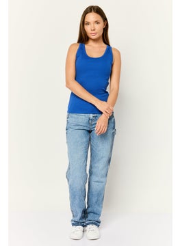 ESPRIT Women Scoop Neck Sleeveless Ribbed Tank Top, Blue  - Image 2