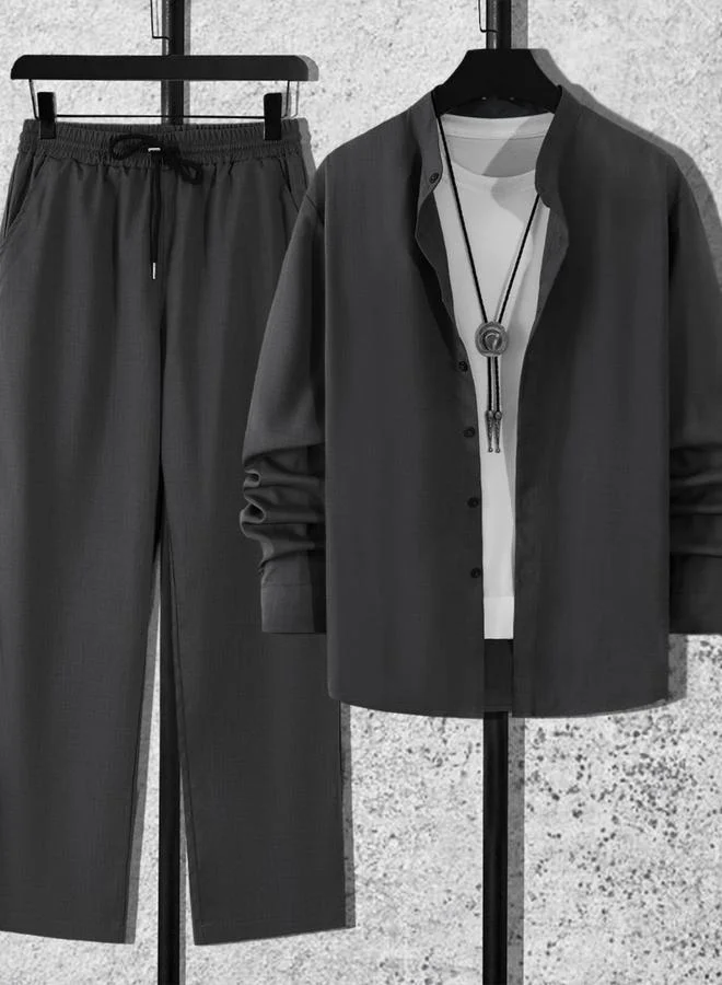 Take Two Men Grey Stand Collar Shirt and Pants Co-Ords
