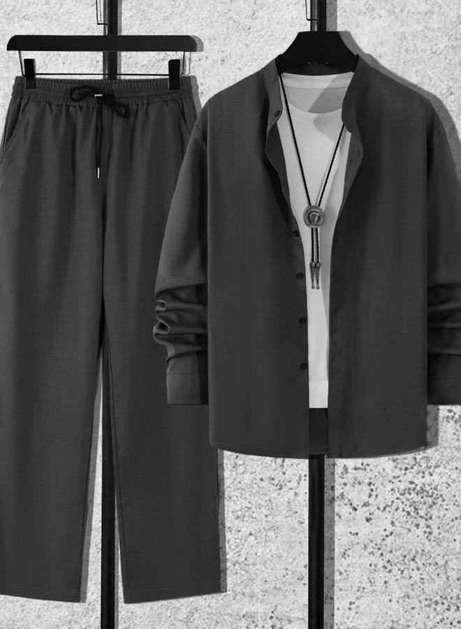 Take Two Men Grey Stand Collar Shirt and Pants Co-Ords - Image 1