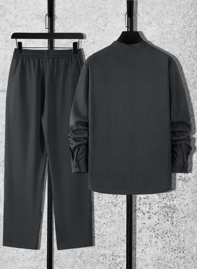 Take Two Men Grey Stand Collar Shirt and Pants Co-Ords - Image 4
