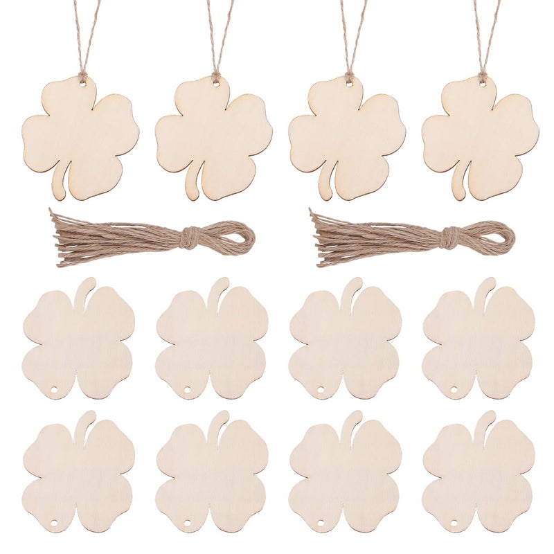 Amosfun 20pcs Paintable Shamrock Slices Cutouts Wooden FourLeaf Clover Tree Ornament Irish Party Christmas Party Decorations