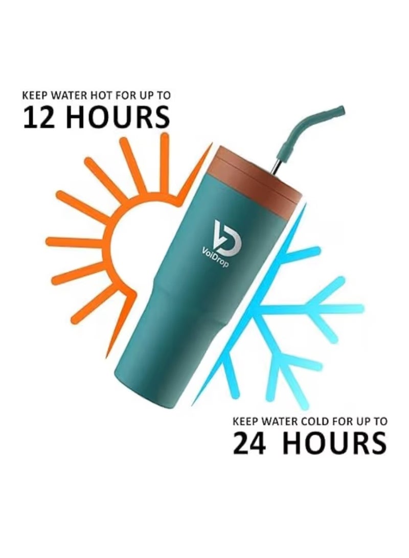 فوي دروب VoiDrop كوب سفر حراري مفرغ من الهواء (فراغ مزدوج) من الفولاذ المقاوم للصدأ - سعة 1200 مل مع غطاء مزود بماصة - تصميم عصري معزول، ملائم لحاملات الأكواب في السيارات، ويحافظ على برودة المشروبات لمدة 24 ساعة. - Image 4