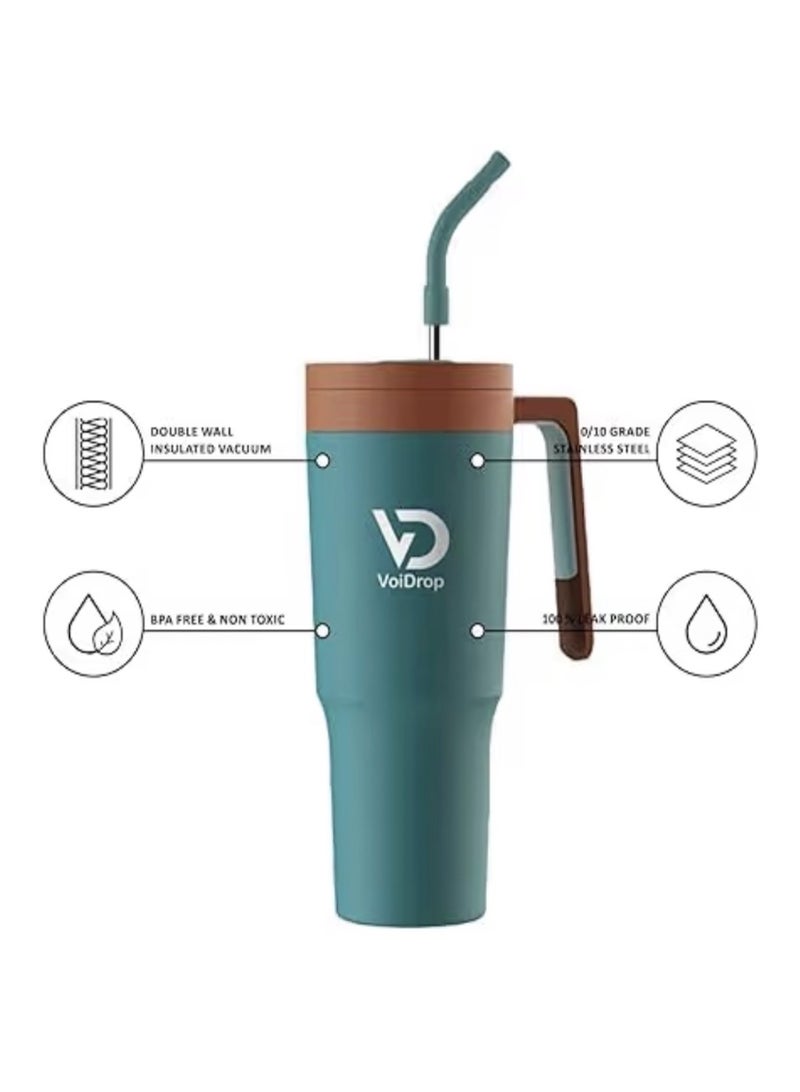 فوي دروب VoiDrop كوب سفر حراري مفرغ من الهواء (فراغ مزدوج) من الفولاذ المقاوم للصدأ - سعة 1200 مل مع غطاء مزود بماصة - تصميم عصري معزول، ملائم لحاملات الأكواب في السيارات، ويحافظ على برودة المشروبات لمدة 24 ساعة. - Image 2