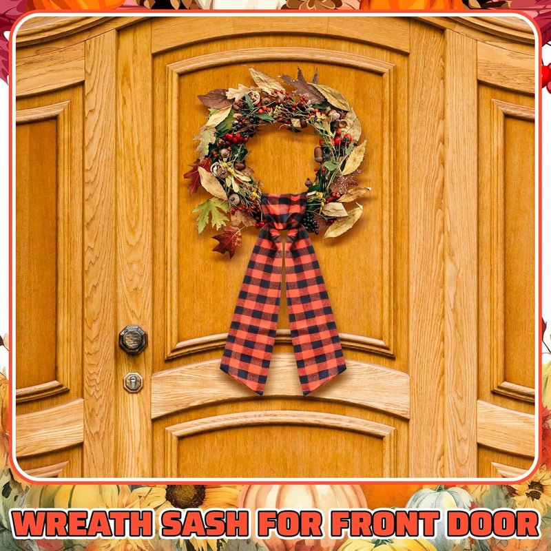 CraftyDream Wreath Sash for Front Door Wreath Satin Sash Blank Sashes Embroidery Monogram Yard Doorway Indoor Outdoor Wall Ribbon Bow Home Decor(Orange, Black,Fall Plaid) - Image 2